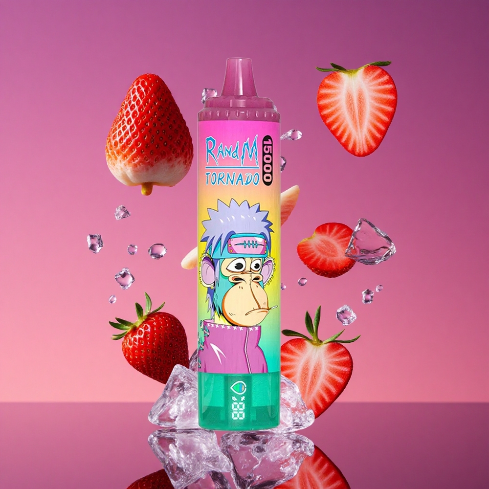 RandM Fumot Tornado 15000 Puffs Vape Descartável Morango Gelo com 25ml de Capacidade e Tela LCD
