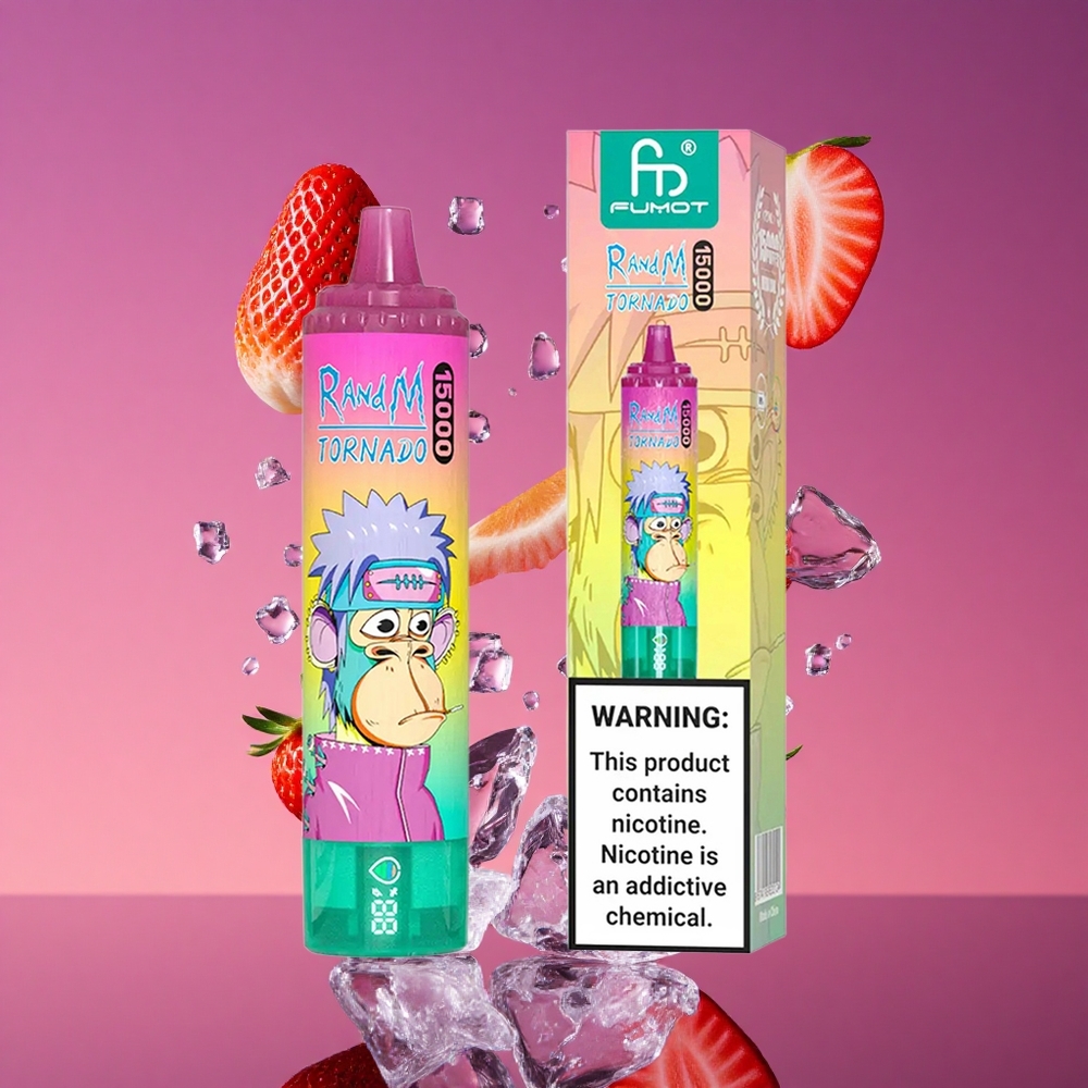 RandM Fumot Tornado 15000 Puffs Vape Descartável Morango Gelo com 25ml de Capacidade e Tela LCD