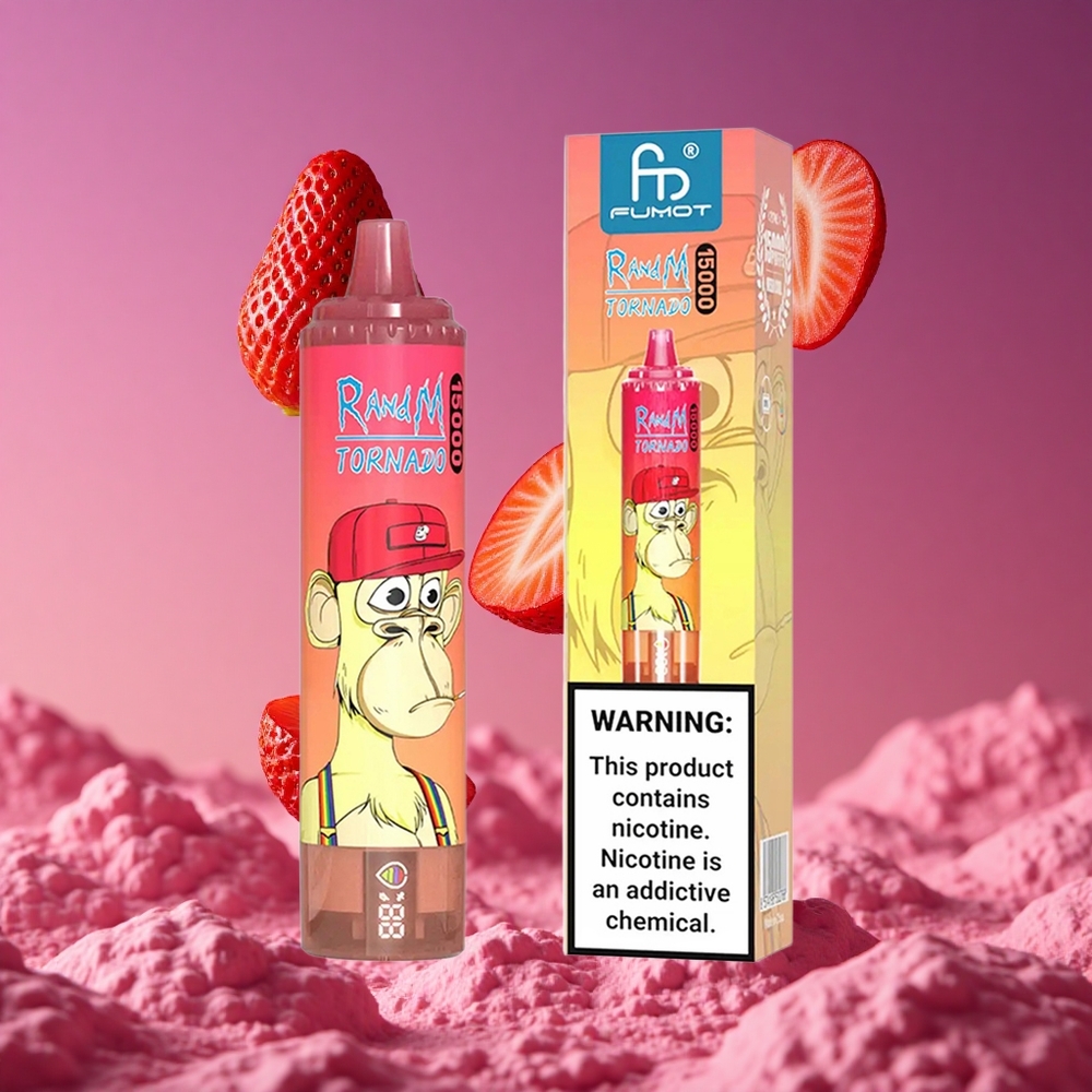 RandM Fumot Tornado 15000 Puffs Vape Descartável Red Bull Morango com Tela LCD e Bateria 850mAh