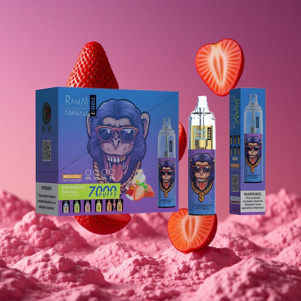 RandM Fumot Tornado 7000 Puffs Vape Descartável 14 ML E-líquido e 850 MAH Bateria Morango Red Bull