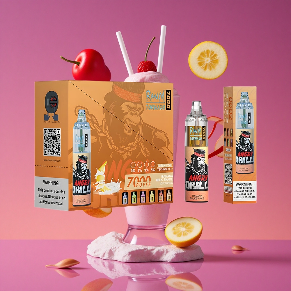 RandM Fumot Tornado 7000 Puffs Vape Descartável Banana Milkshake com 14 ML de E-líquido e 850 MAH de Bateria
