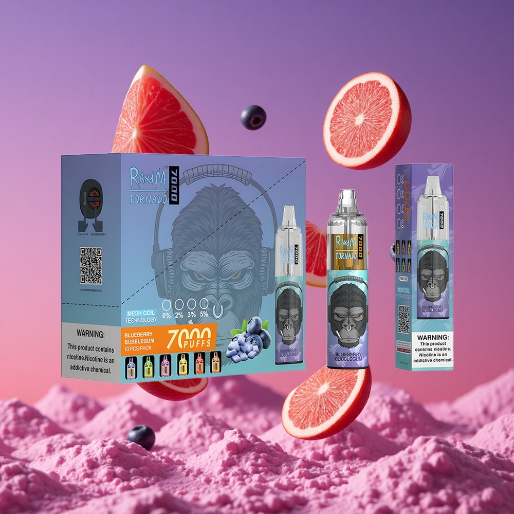 RandM Fumot Tornado 7000 Puffs Vape Descartável Chiclete de Mirtilo com 14 ML de E-líquido e Bobina Mesh