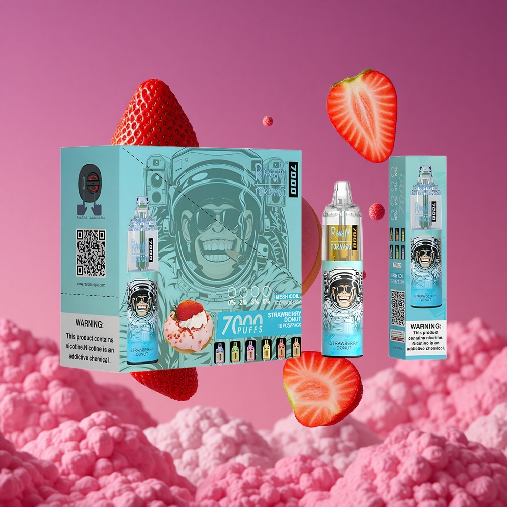 RandM Fumot Tornado 7000 Puffs Vape Descartável Donut de Morango com 14 ML de E-líquido e Bobina Mesh