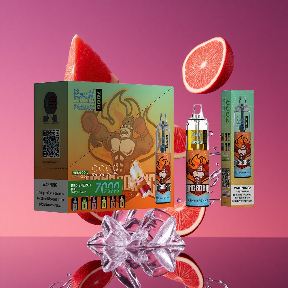 RandM Fumot Tornado 7000 Puffs Vape Descartável Gelo Energia Vermelha com 14 ML de E-líquido e Bobina Mesh