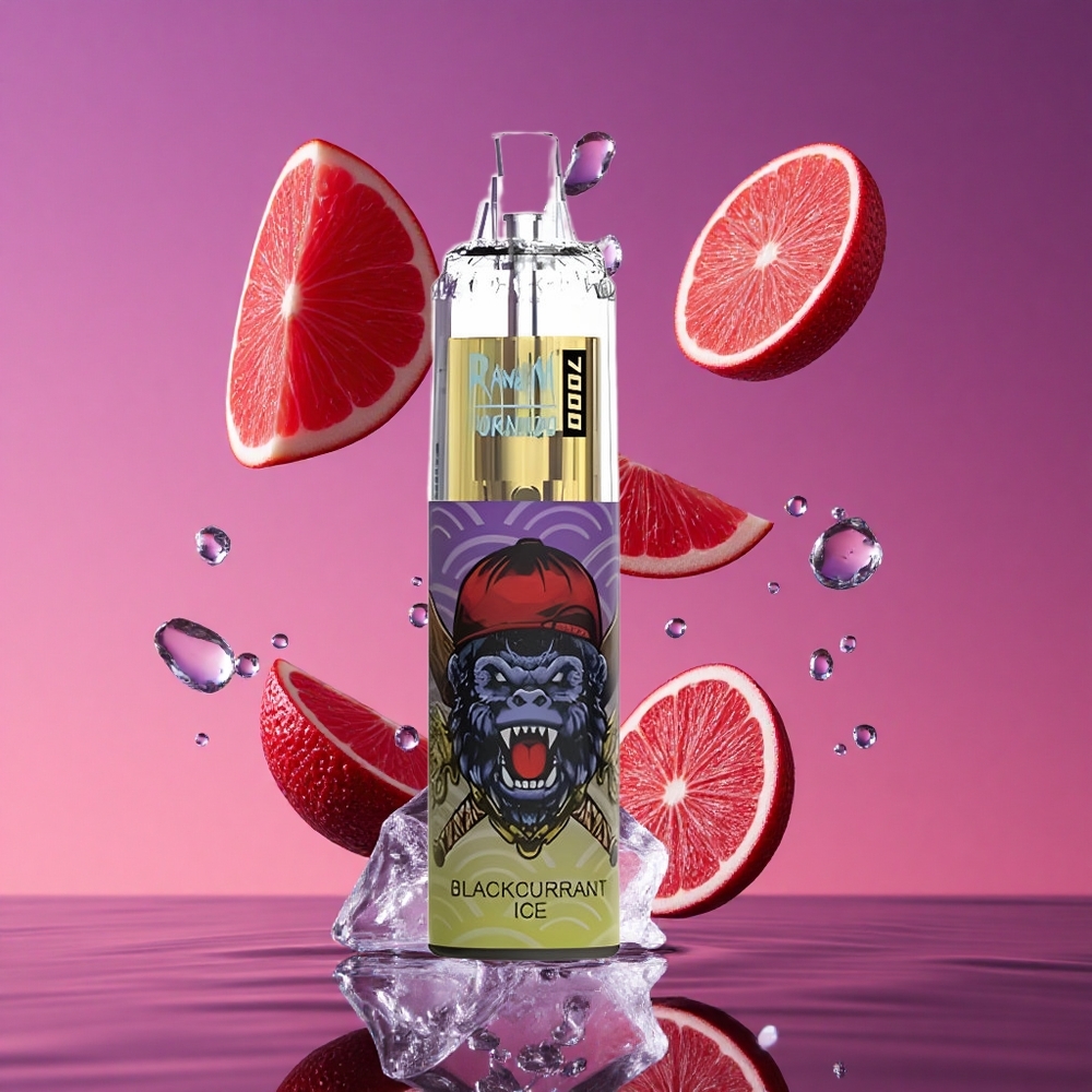 RandM Fumot Tornado 7000 Puffs Vape Descartável Groselha Negra Gelo com 14 ML de E-líquido e Bobina Mesh