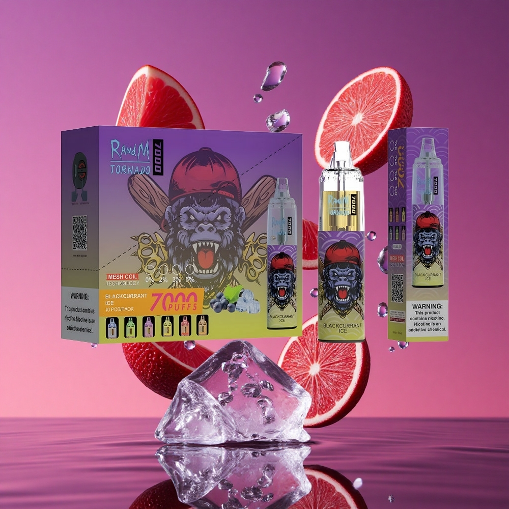 RandM Fumot Tornado 7000 Puffs Vape Descartável Groselha Negra Gelo com 14 ML de E-líquido e Bobina Mesh