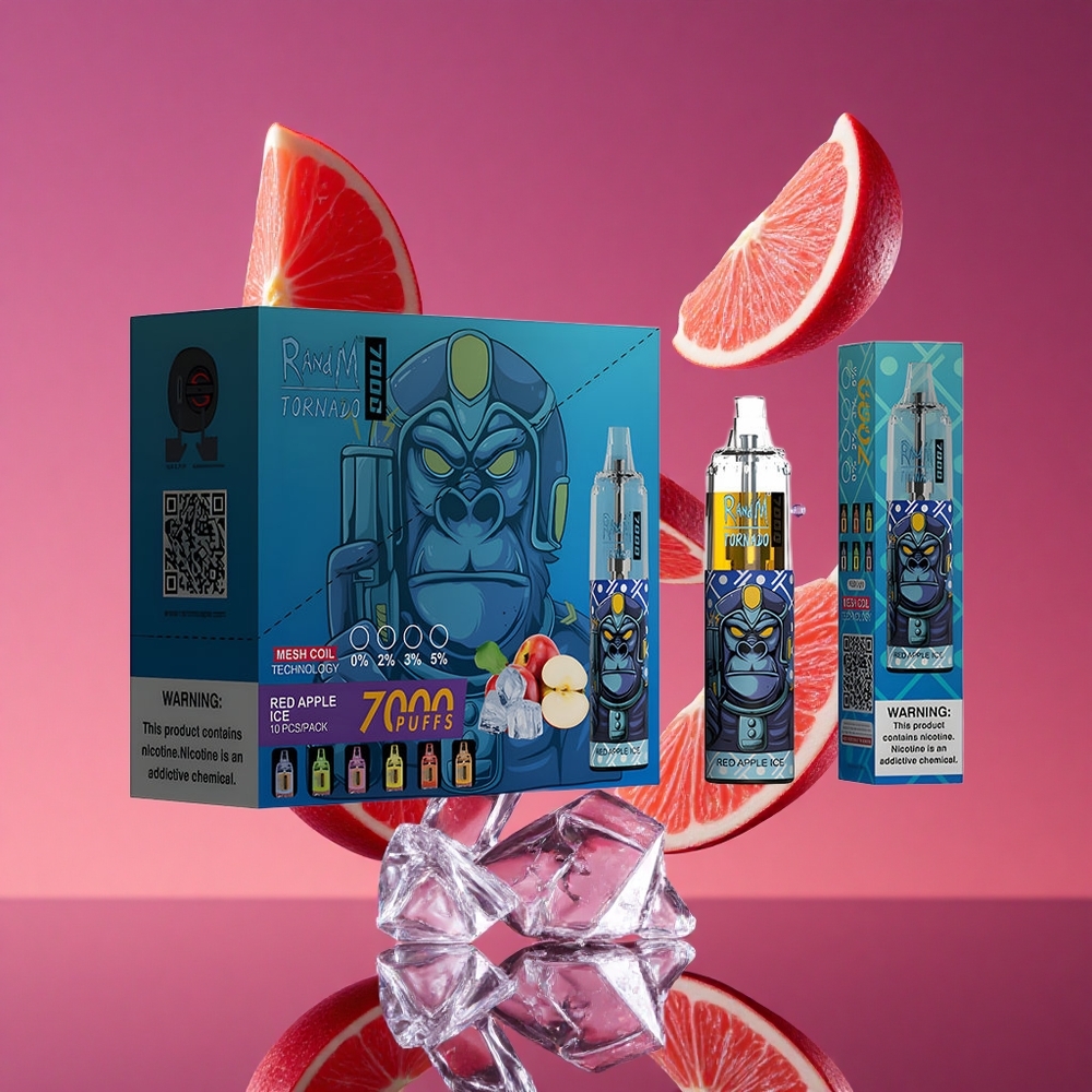 RandM Fumot Tornado 7000 Puffs Vape Descartável Maçã Vermelha Gelada com 14 ML de E-líquido e Bobina Mesh