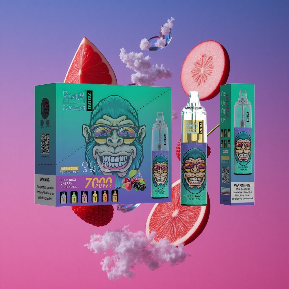RandM Fumot Tornado 7000 Puffs Vape Descartável Mirtilo Cereja com 14 ML de E-líquido e Bobina Mesh