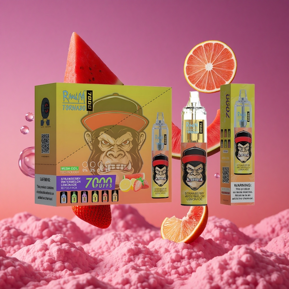 RandM Fumot Tornado 7000 Puffs Vape Descartável Morango Melancia Limonada com 14 ML de E-líquido e Bateria de 850 MAH