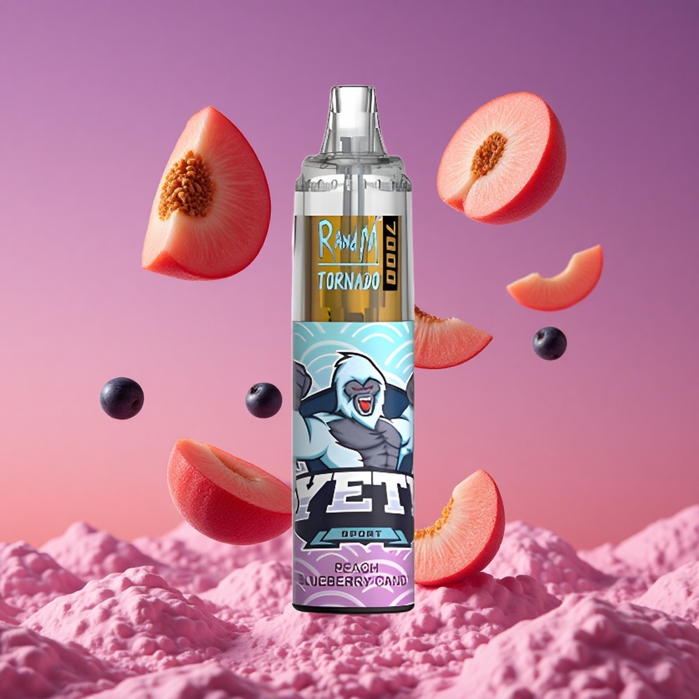RandM Fumot Tornado 7000 Puffs Vape Descartável Pêssego Mirtilo Doce com 14 ML de E-líquido e Bateria de 850 MAH