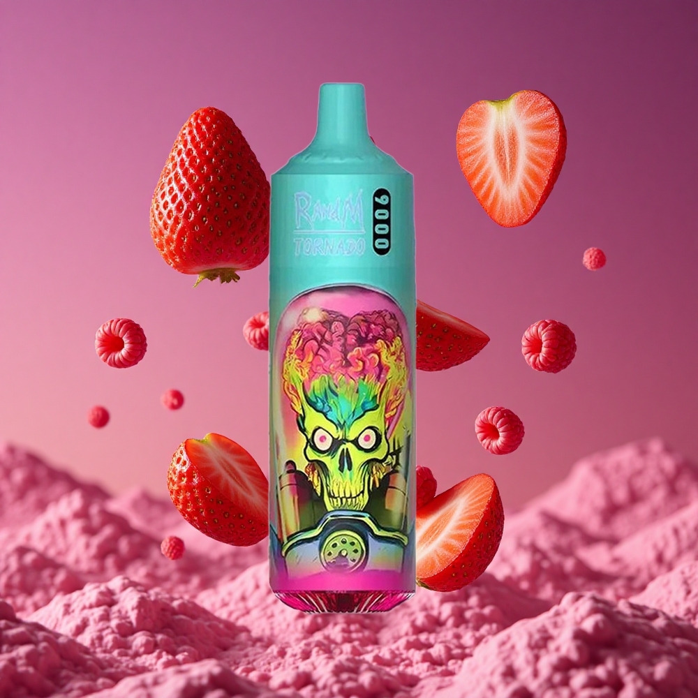 RandM Fumot Tornado 9000 Puffs Dispositivo Vaporizador Recarregável 850 mAh com Sabor Morango Framboesa