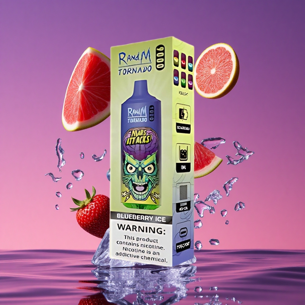RandM Fumot Tornado 9000 Puffs Vape Descarga Única Mirtilo Gelo com Bateria Recarregável 850 mAh e Display RGB Elegante
