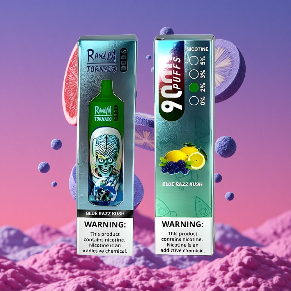 RandM Fumot Tornado 9000 Puffs Vape Descartável Blue Razz Kush com 18 mL de E-líquido e Bateria Recarregável de 850 mAh