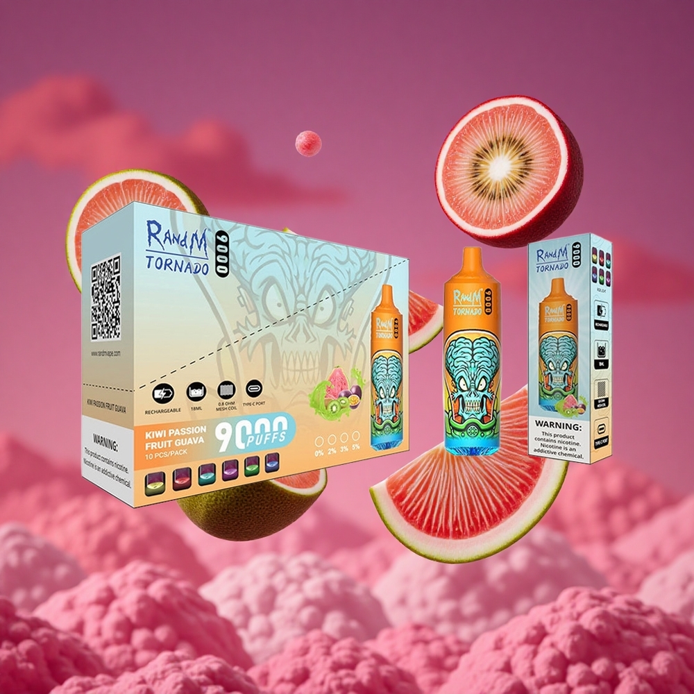 RandM Fumot Tornado 9000 Puffs Vape Descartável Kiwi Maracujá Goiaba com Bateria Recarregável 850 mAh