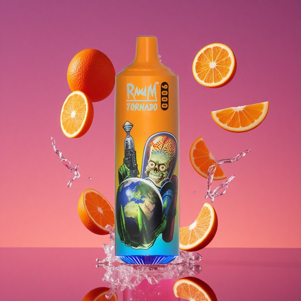 RandM Fumot Tornado 9000 Puffs Vape Descartável Laranja Refrigerante com Display RGB Elegante