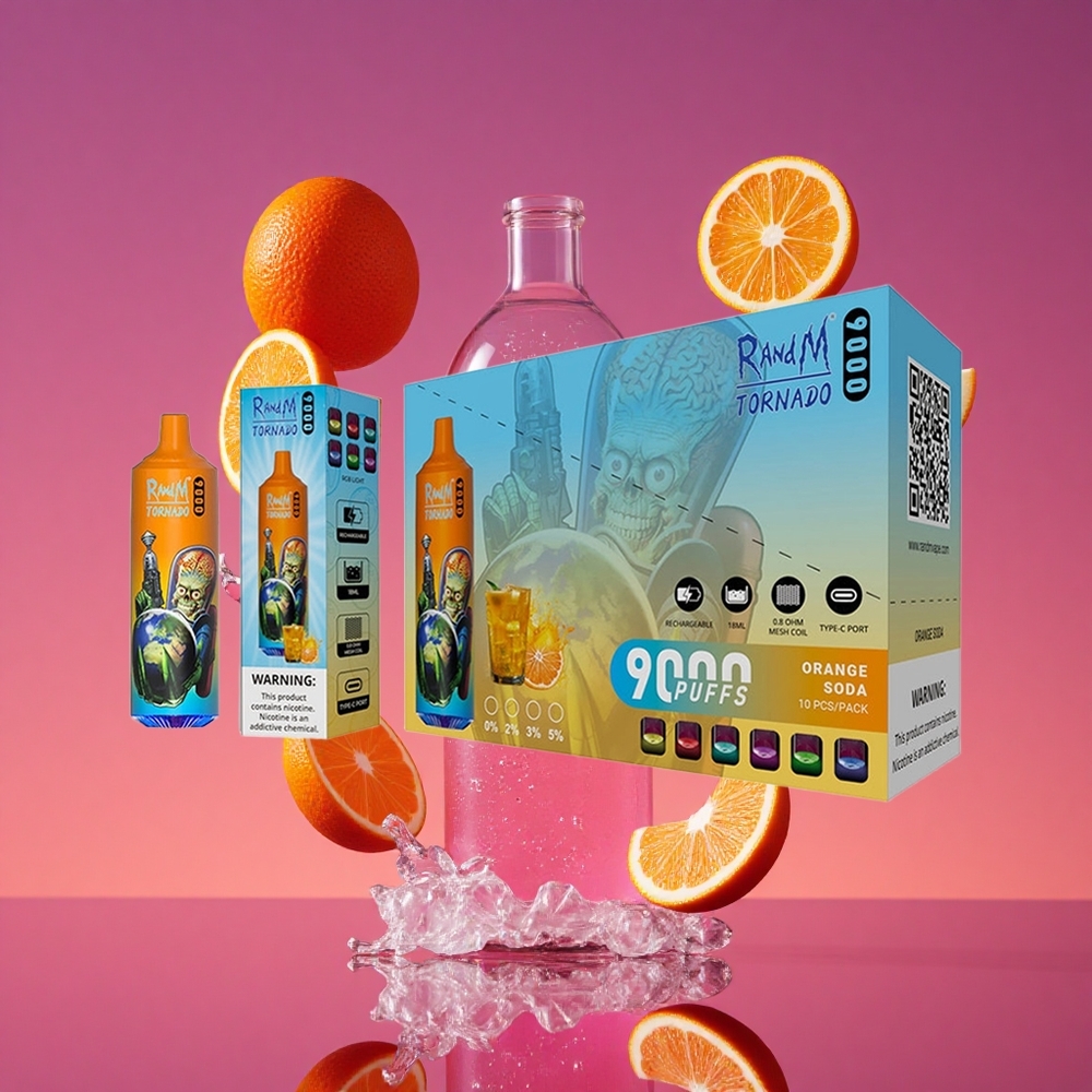 RandM Fumot Tornado 9000 Puffs Vape Descartável Laranja Refrigerante com Display RGB Elegante