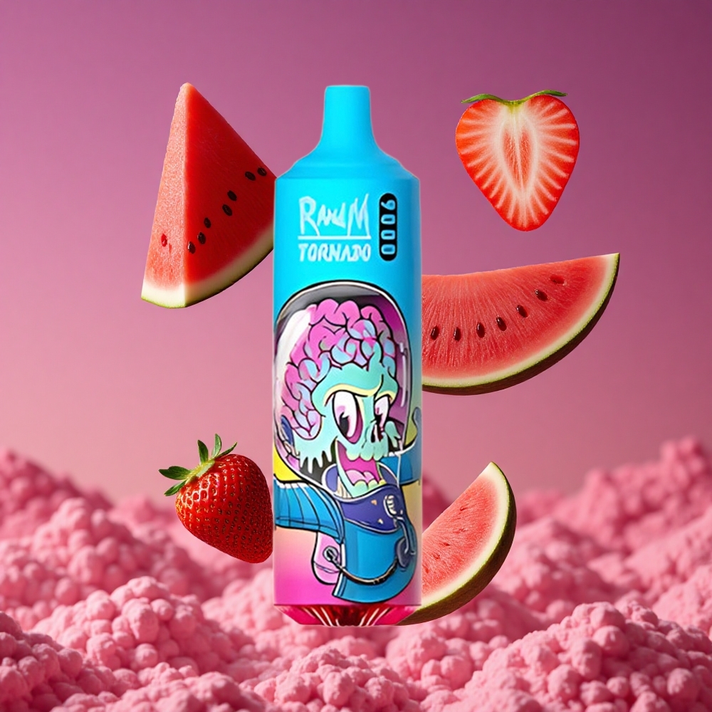 RandM Fumot Tornado 9000 Puffs Vape Descartável Morango Melancia Prime com Bateria Recarregável 850 mAh e Tela RGB Elegante