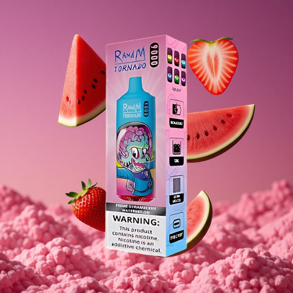 RandM Fumot Tornado 9000 Puffs Vape Descartável Morango Melancia Prime com Bateria Recarregável 850 mAh e Tela RGB Elegante