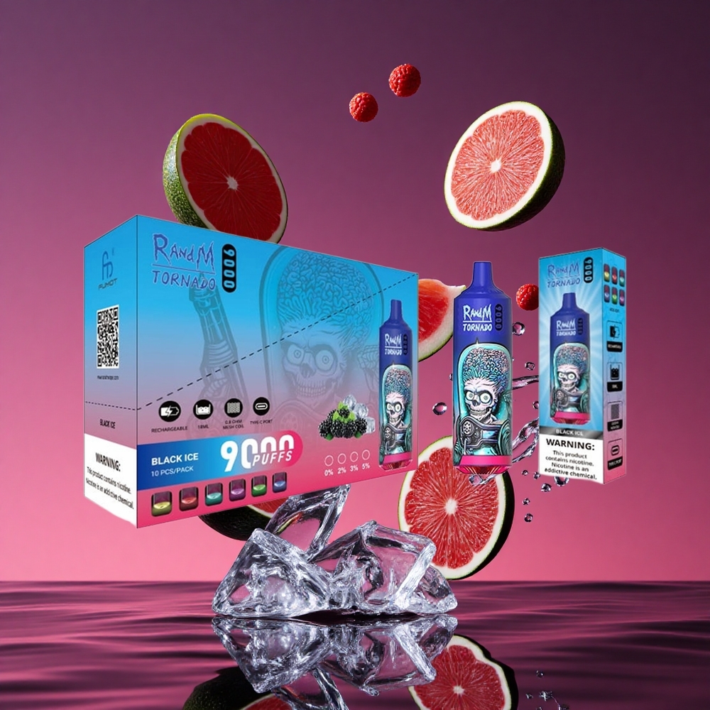 RandM Fumot Tornado 9000 Puffs Vaporizador Descartável Gelo Preto com Bateria 850 mAh Recarregável e 54 Sabores