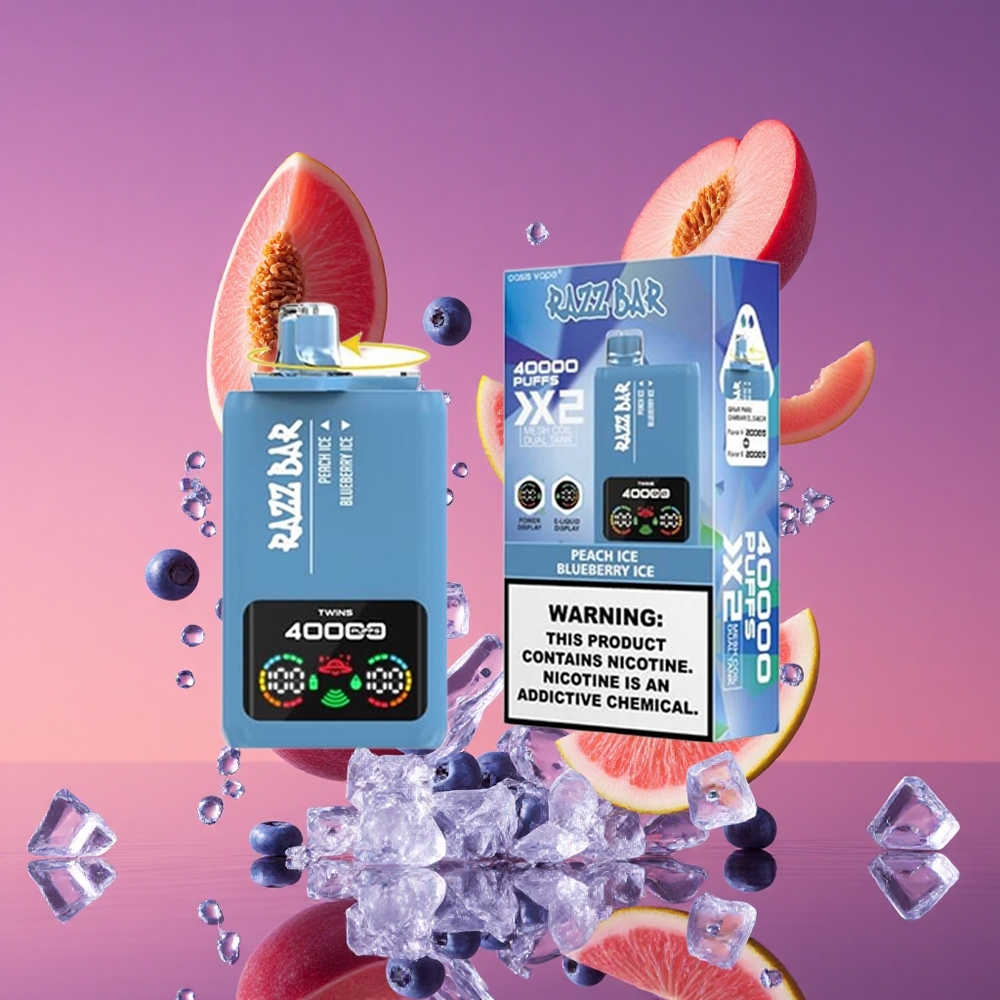 Razz Bar 40000 Puffs Vape Descartável Pêssego Gelo/Mirtilo Gelo com Tela de Potência e Bobina Mesh 1.0Ω 2
