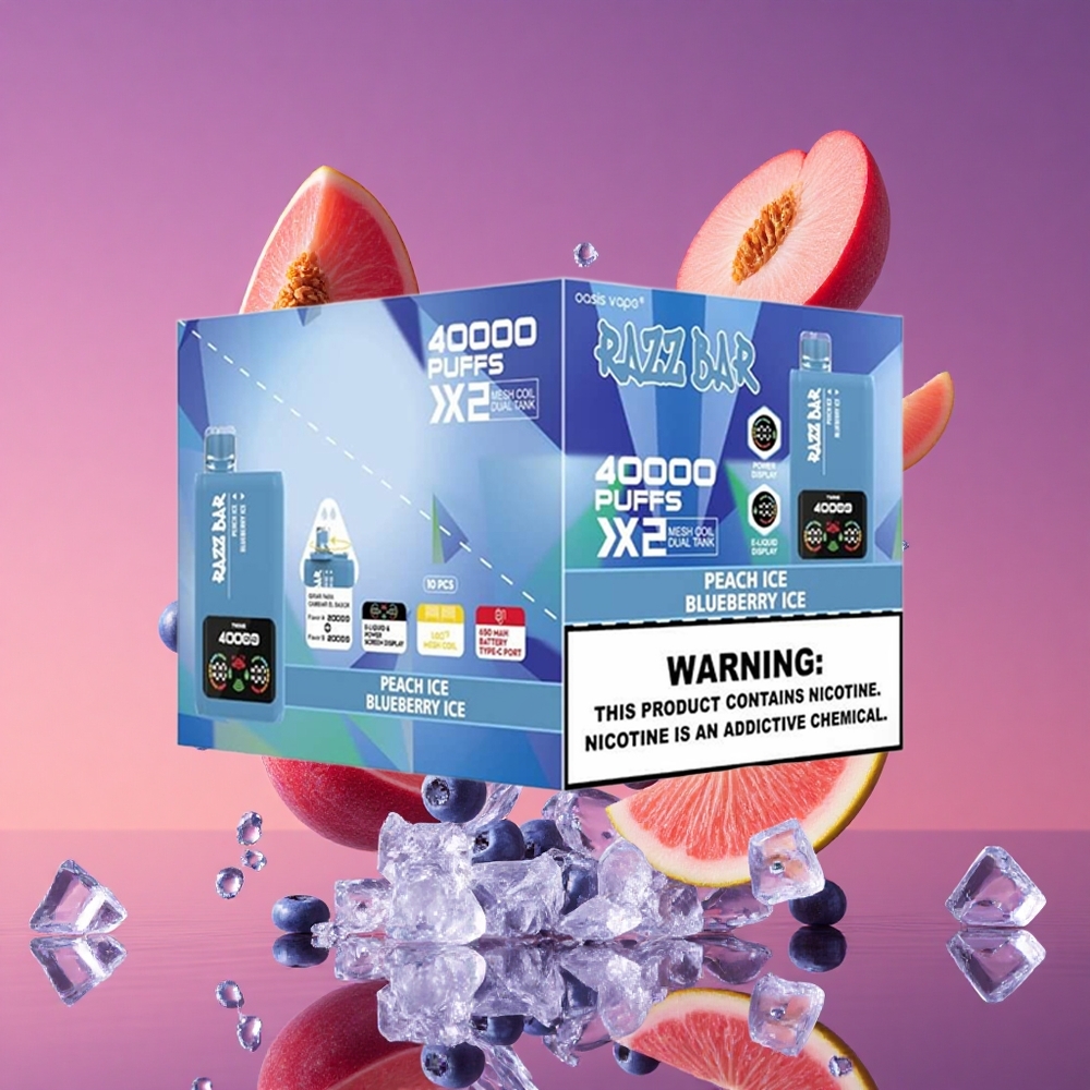 Razz Bar 40000 Puffs Vape Descartável Pêssego Gelo/Mirtilo Gelo com Tela de Potência e Bobina Mesh 1.0Ω 2
