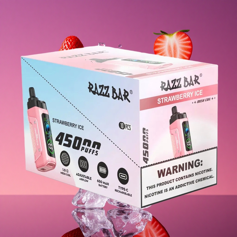 Razz Bar 45000 Puffs Sabor Morango Gelo com Bobina Mesh 1.0 Ohm e Bateria 650 mAh