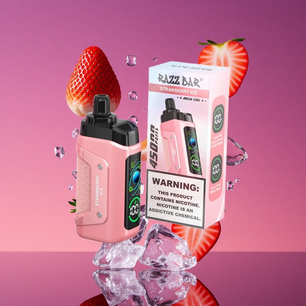 Razz Bar 45000 Puffs Sabor Morango Gelo com Bobina Mesh 1.0 Ohm e Bateria 650 mAh