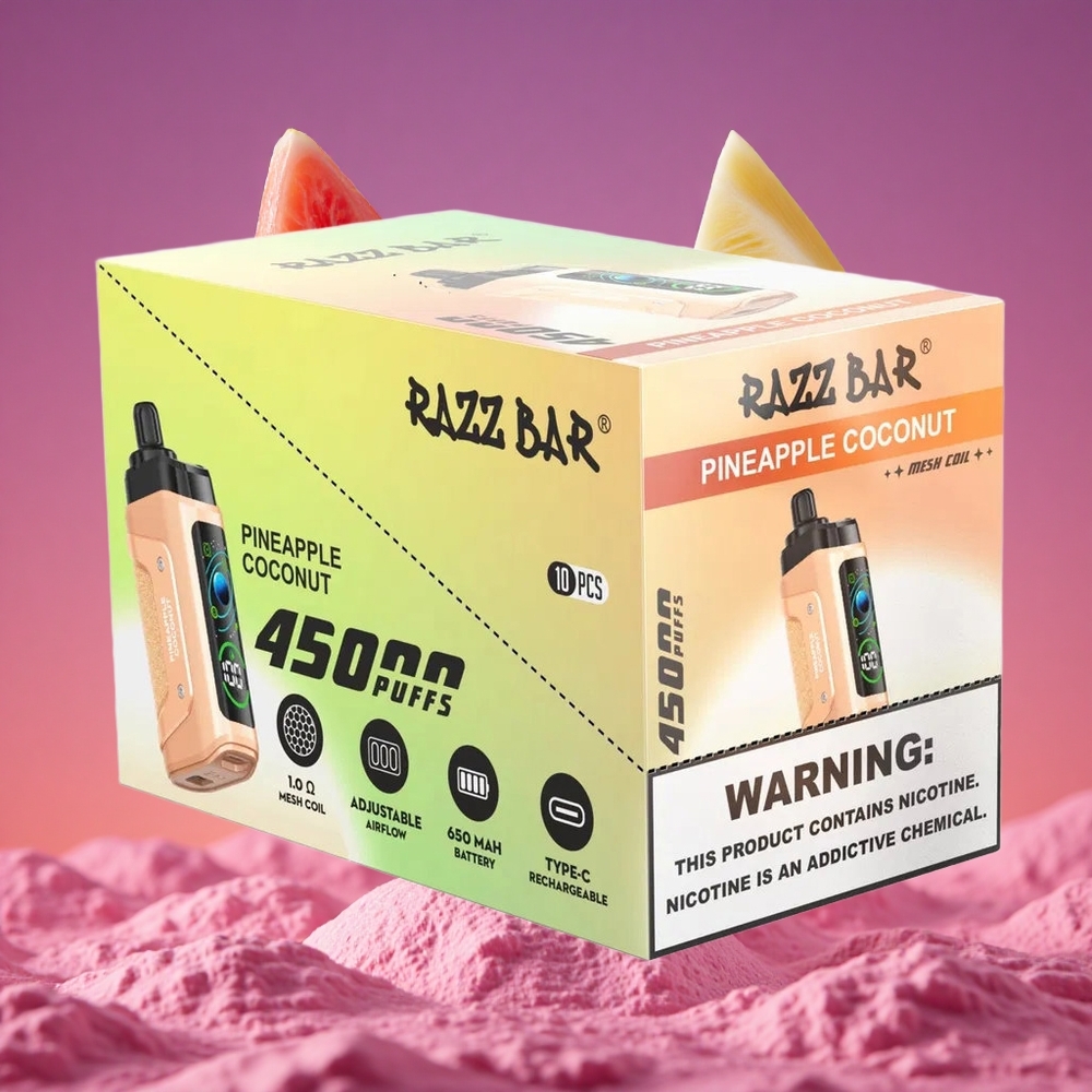 Razz Bar 45000 Puffs Vape Descartável Abacaxi Coco com Bobina Mesh 1.0 Ohm e Bateria 650 mAh
