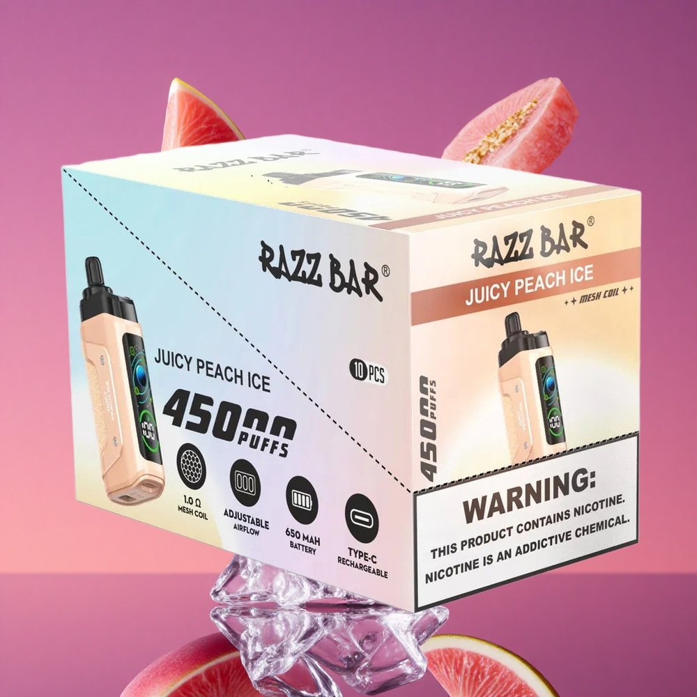 Razz Bar 45000 Puffs Vape Descartável Pêssego Suculento Gelo com Bobina Mesh 1.0 Ohm e Bateria 650 mAh