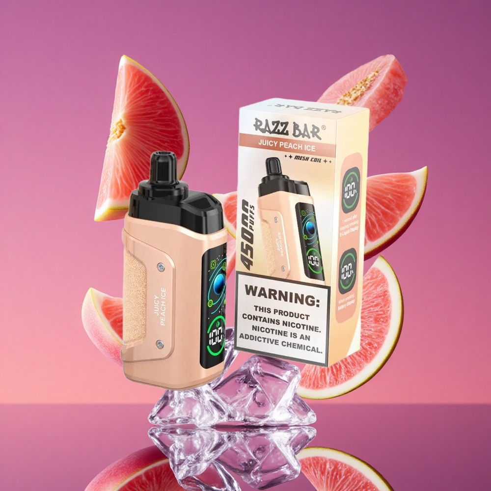 Razz Bar 45000 Puffs Vape Descartável Pêssego Suculento Gelo com Bobina Mesh 1.0 Ohm e Bateria 650 mAh