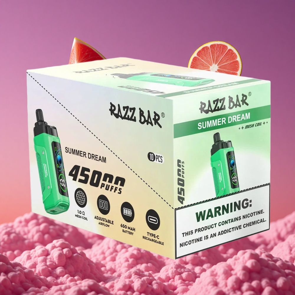 Razz Bar 45000 Puffs Vape Descartável Sonho de Verão com Bobina Mesh 1.0 Ohm e Bateria 650 mAh