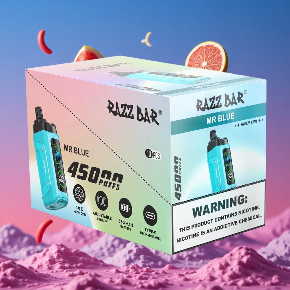 Razz Bar 45000 Puffs Vape Descartável com Bobina Mesh 1.0 Ohm e Sr. Azul