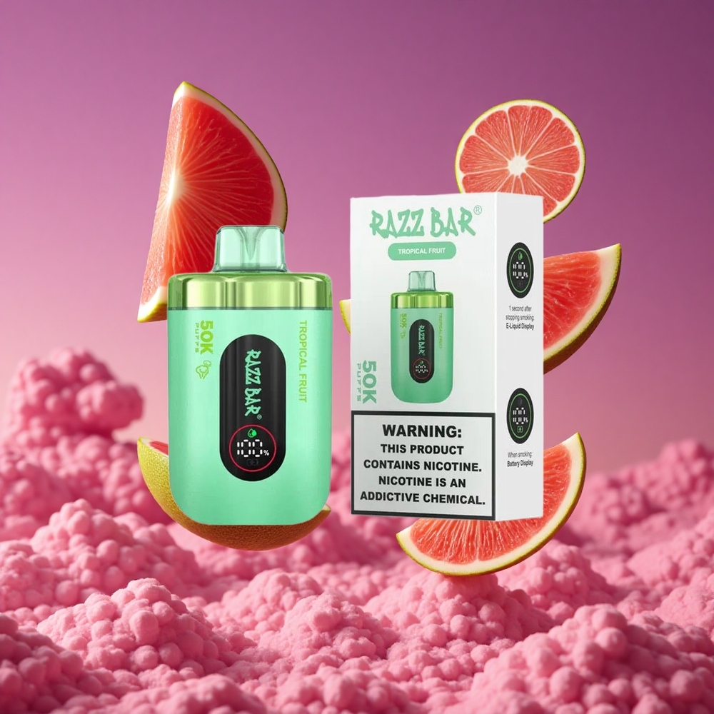 Razz Bar 50K Puffs Vape Descartável Fruta Tropical com Bobina Mesh 1.0 Ohm e Bateria 650 mAh