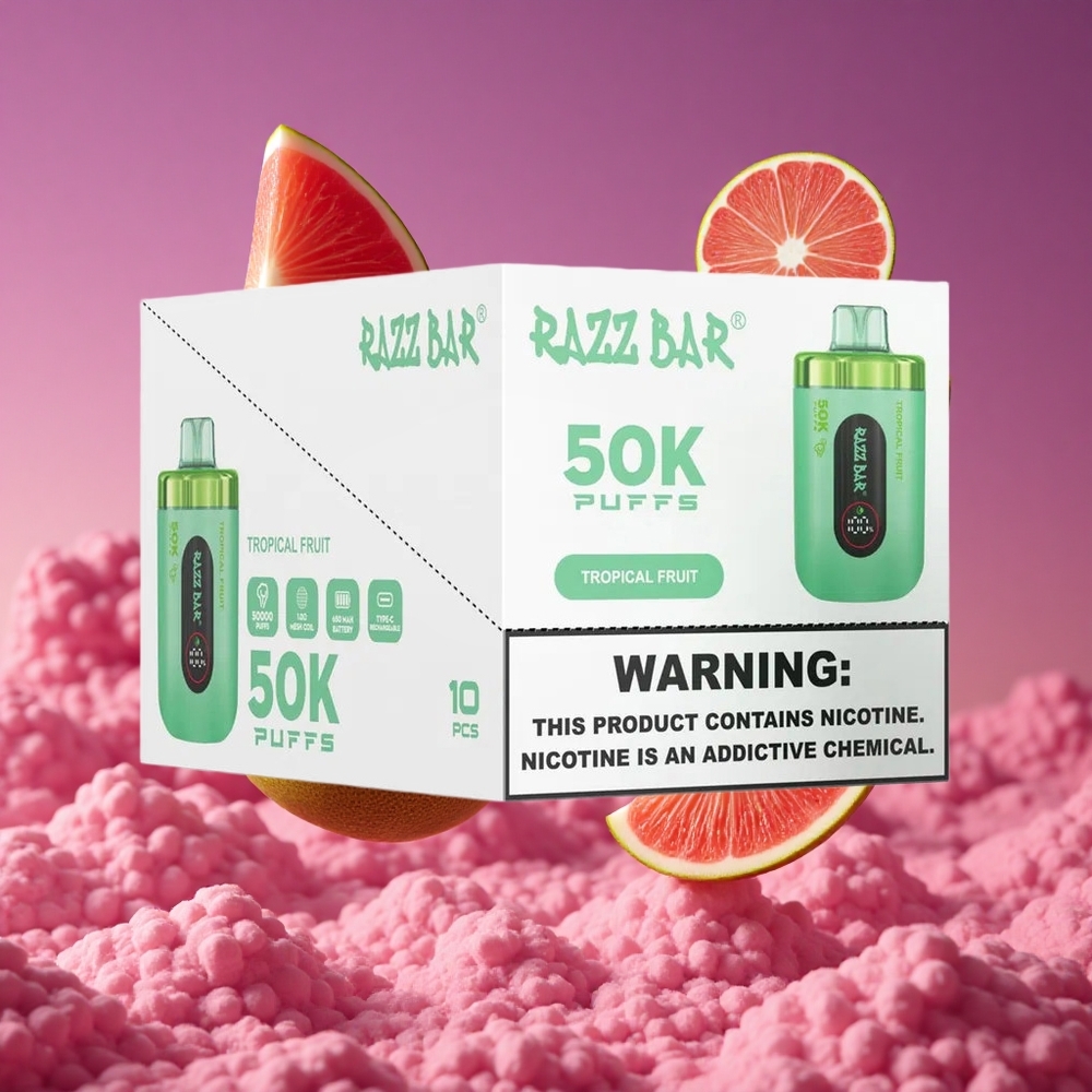 Razz Bar 50K Puffs Vape Descartável Fruta Tropical com Bobina Mesh 1.0 Ohm e Bateria 650 mAh