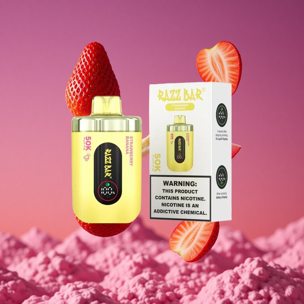 Razz Bar 50K Puffs Vape Descartável Morango Banana com 50000 Puffs e Bobina Mesh 1.0 Ohm