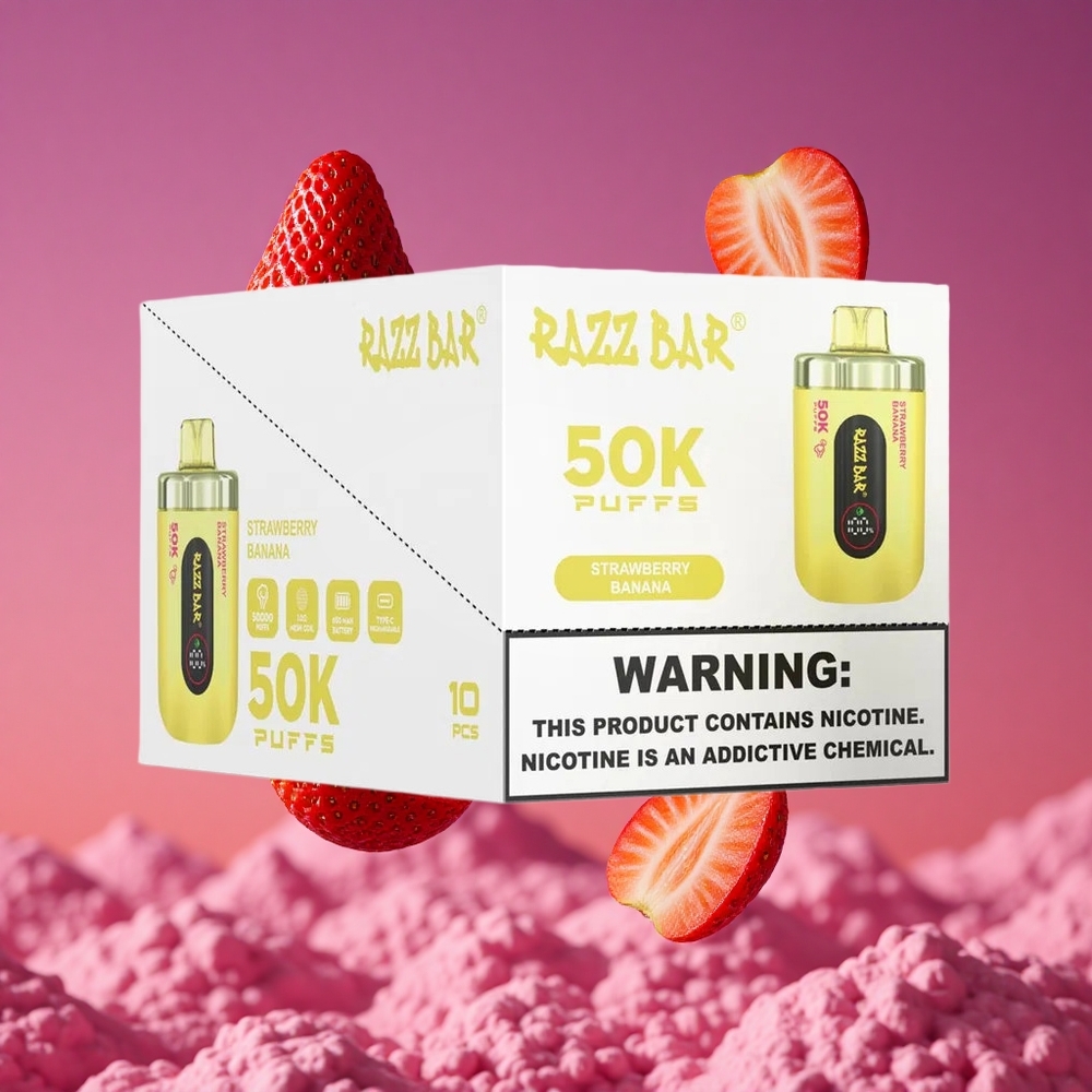 Razz Bar 50K Puffs Vape Descartável Morango Banana com 50000 Puffs e Bobina Mesh 1.0 Ohm