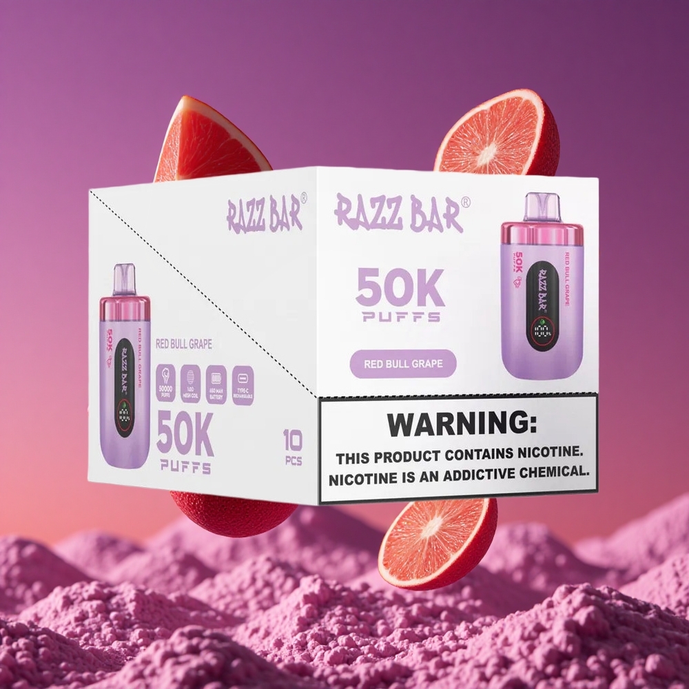 Razz Bar 50K Puffs Vape Descartável Red Bull Uva com 1.0 Ohm Mesh Coil e 650 Mah Battery