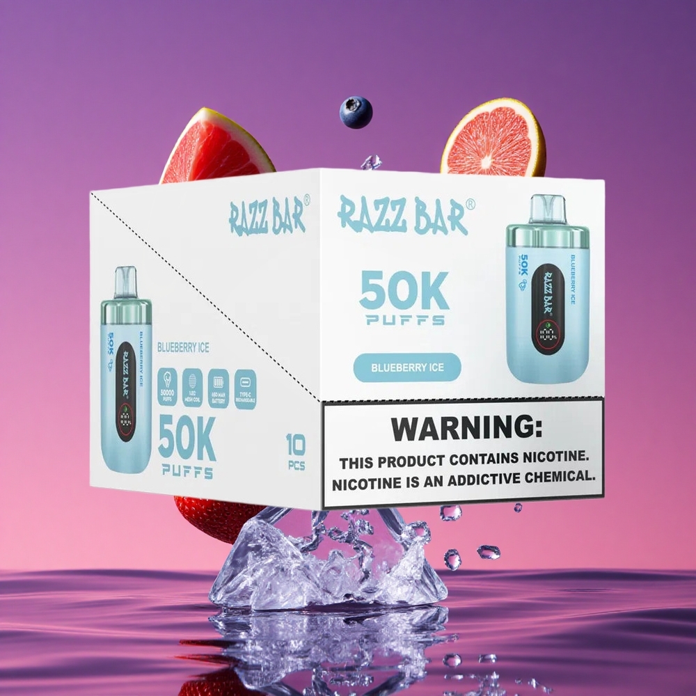 Razz Bar 50K Puffs Vaporizador Descartável Mirtilo Gelo com 50000 Puffs e Bobina Mesh 1.0 Ohm