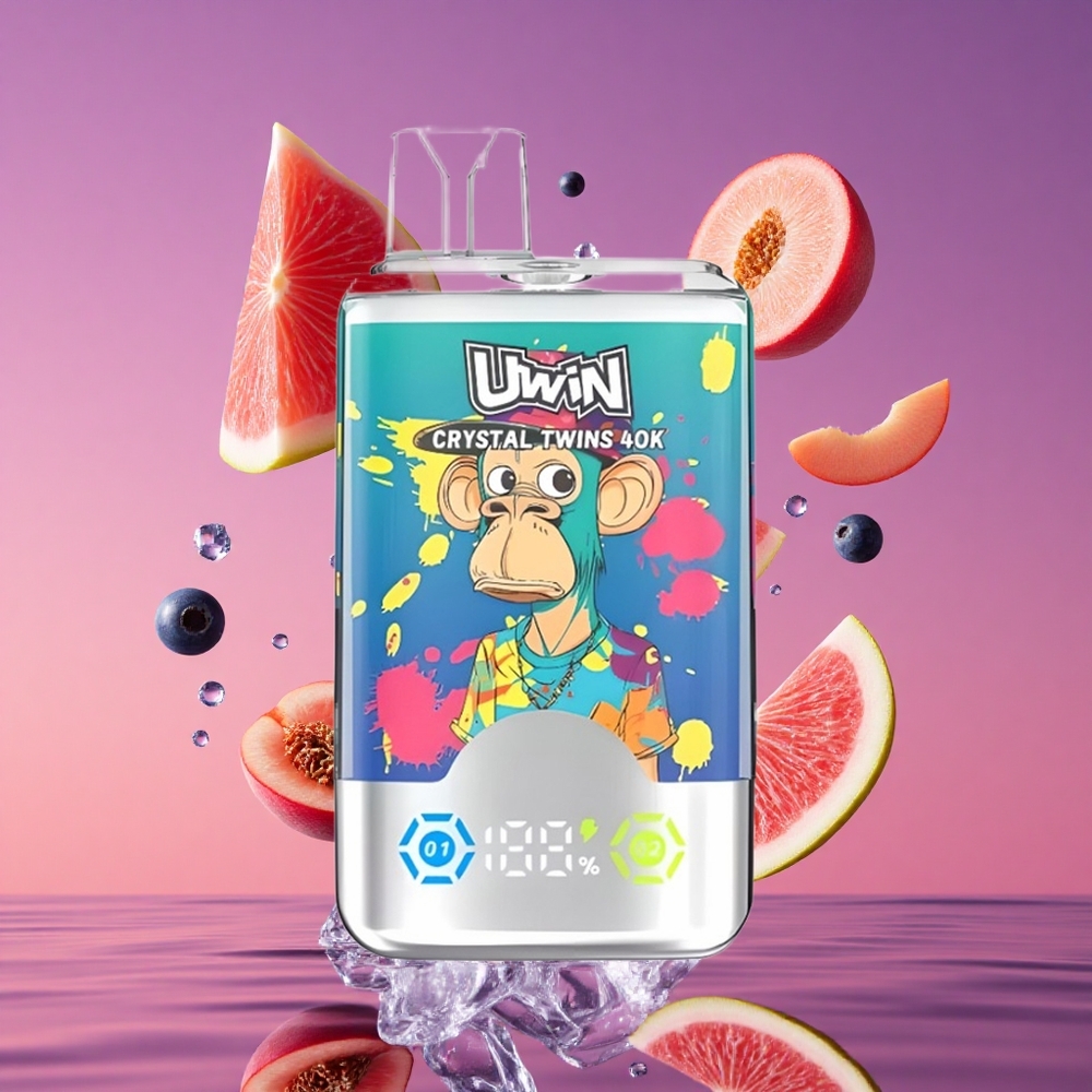 UWIN Crystal Twins 40000 Puffs Duplo Sabor 32ml Mirtilo no Gelo Pêssego no Gelo