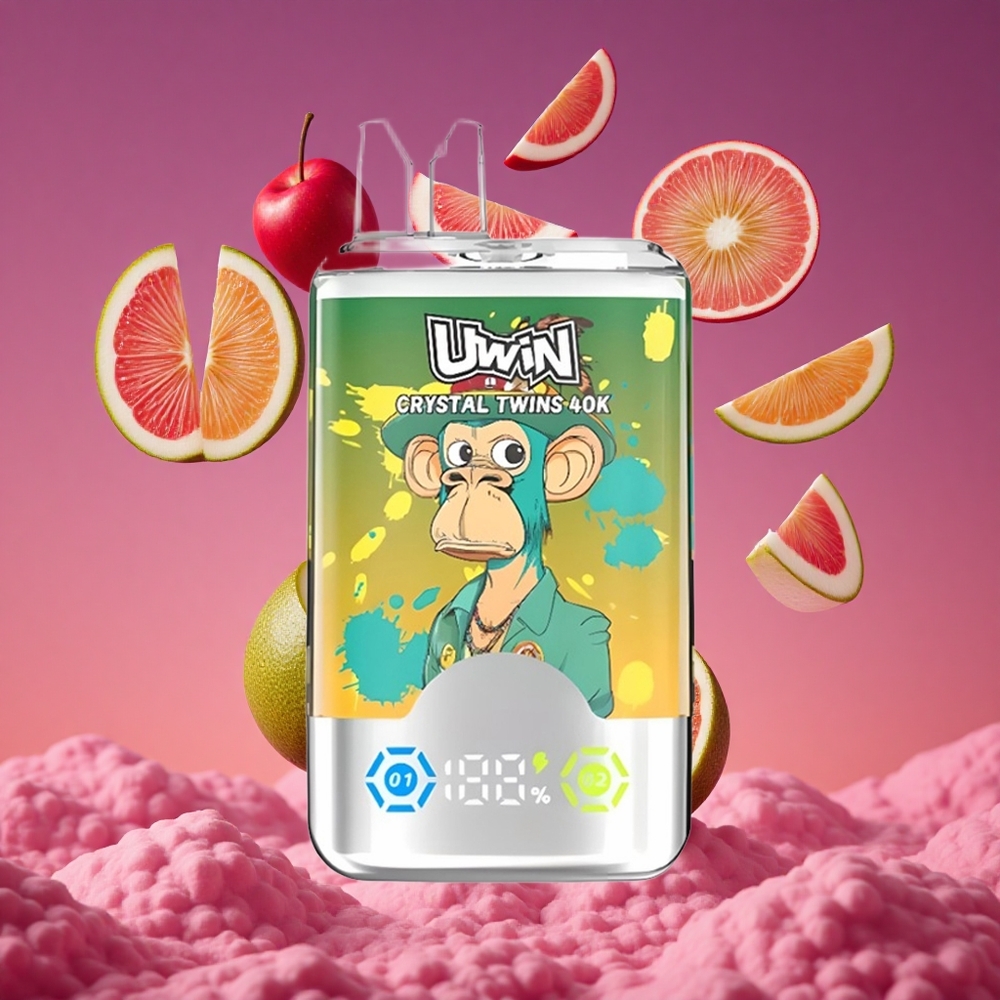 UWIN Crystal Twins 40000 Puffs Vape Recarregável com Bateria de 850mAh e Sabor Kiwi Maracujá Goiaba Duas Maçãs